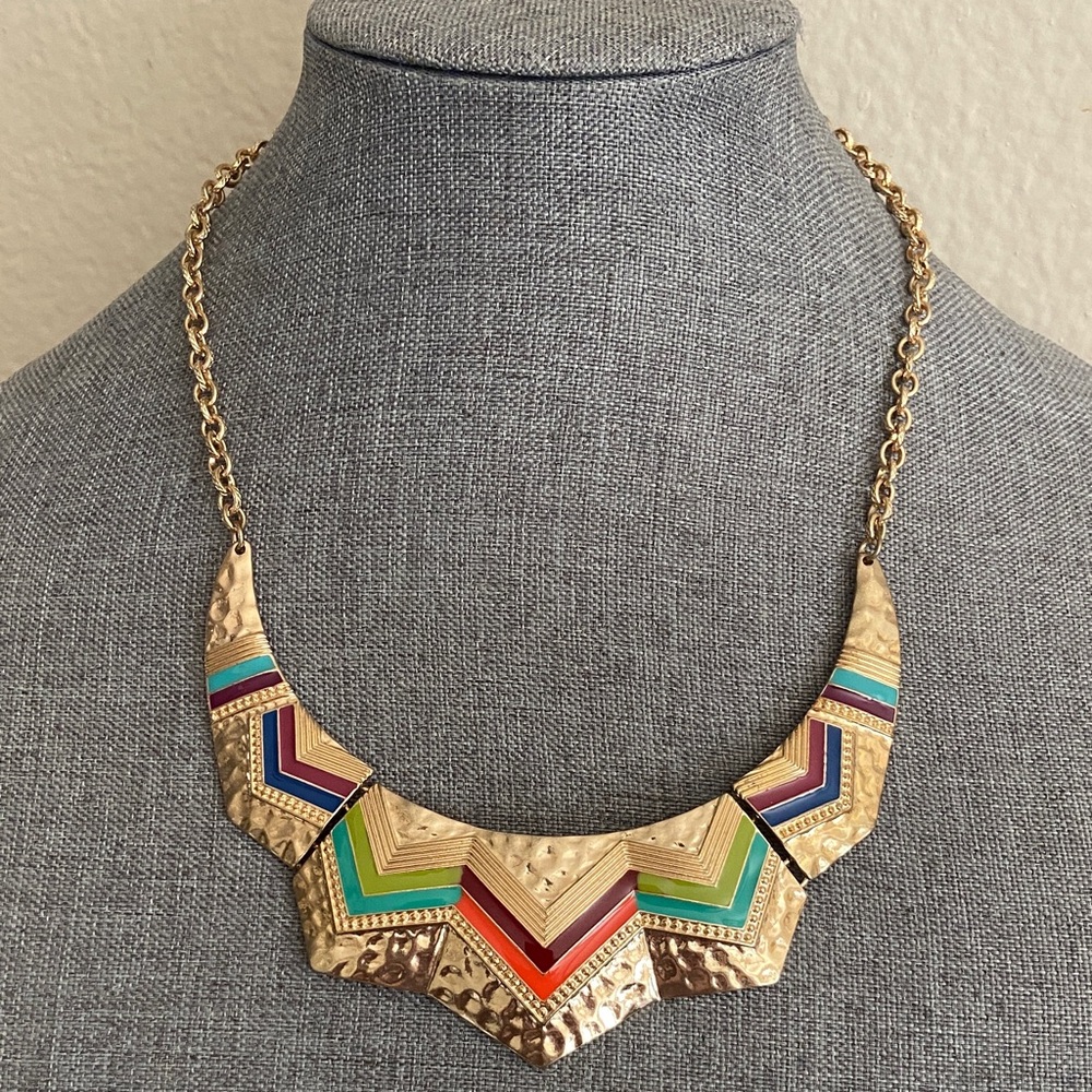 Vintage 90s Gold Tone Alloy Colorful Enamel BIB Necklace